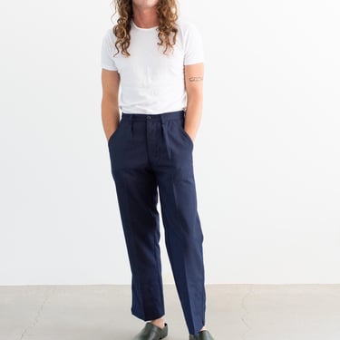 Vintage 33 34 35 36 Waist Navy Blue Pleat Trousers | Unisex High Waist Cotton Blend Pants | Workwear Trousers 