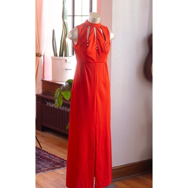 Vintage Virginia Melvin Gown - 1960s, 1970s - Red-Orange, Rhinestone Detail - Cutaway Dress - Maxi 