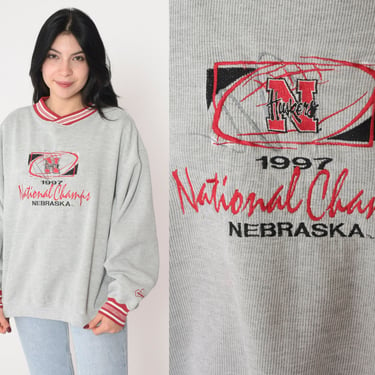 Nebraska Huskers Sweatshirt 1997 National Champions 90s University of Nebraska Sweater College Shirt Grey Red Ringer Vintage 1990s Large L 