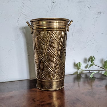 Vintage Hosley Brass Patterned Decorative Bucket Vase with Handles 