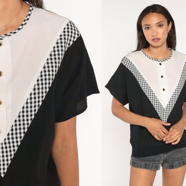 Slouchy Checkered Shirt Black and White Gingham Shirt 80s Slouch Top Plaid Retro Vintage 90s Short Sleeve Medium 