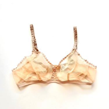 Vintage 60s Christian Dior Nude Mesh Bra Embroidered Floral Trim Lingerie 