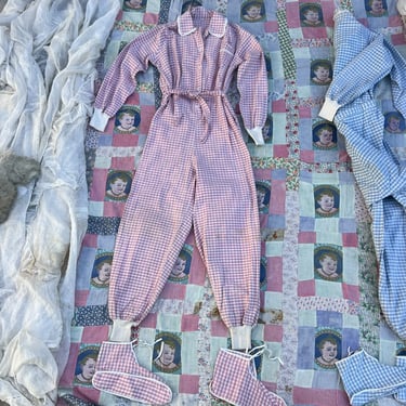 Vintage 1940s Pink Plaid Flannel Pajamas Jumpsuit & Booties Butt Flap Sleepwear