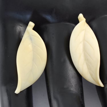 40's carved lucite leaves sterling clip ons, 925 silver cream thermoset plastic leaf earrings 