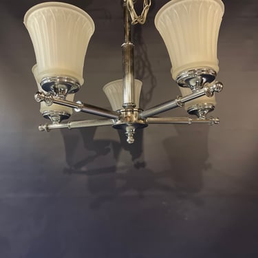 Five Arm Contemporary Chandelier with Glass Shades, 19.75” tall, 20” across, 41” chain