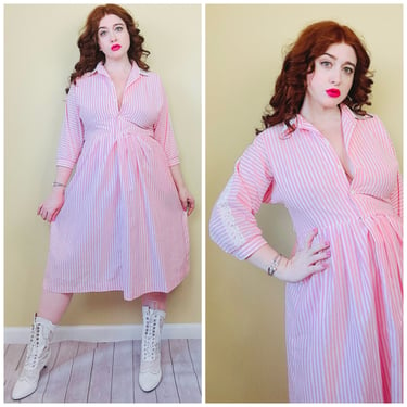 1980s Vintage Poly Cotton Pink Pastel Striped Dress / 80s Lace Trim Fit and Flare Shirt Dress / Size Medium 