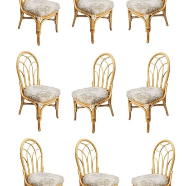 Restored Mid Century 3 Strand Rattan Floral Back Dining Chairs, Set of 9 