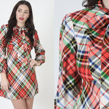 Colorful Plaid Micro Mini Dress, Vintage 70s Pussy Bow Tie Collar, All Over Print Go Go Outfit 