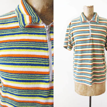 Y2k 2000s Striped Zip Neck Shirt M L - Vintage Multicolor Terrycloth Stripe Orange Yellow Green Collared Shirt 