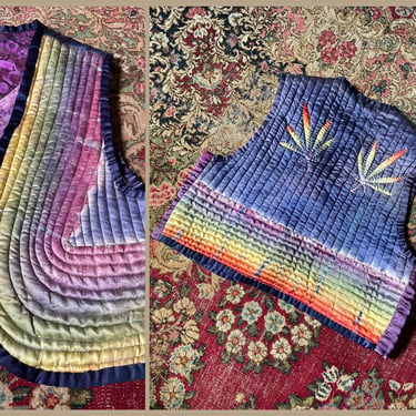 Vintage ‘90s OOAK artisan tie dye quilted silk cannibas leaf vest | marijuana pot waistcoat, REVERSIBLE, hippie, boho aesthetic, S/M 