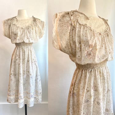 Sweet Vintage 70s 80s Floral Boho PRAIRIE Dress / Romantic LACE Illusion Detail + BOWS + Satin Ribbon Trim 