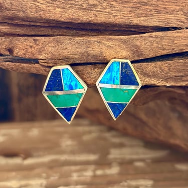 DIAMOND DAGGERS Lapis, Turquoise, Blue Opal Stud Earrings | .925 Sterling Silver | Navajo Native American | Southwestern Jewelry 