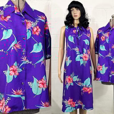 Vintage Purple Hawaiian Honeymoon Set Shirt Dress Hibiscus Tiki Floral Sleeveless Hawaii Luau Tropical 1980s 80s Large XL 