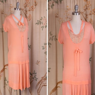 1920s Dress - Lustrous Peach-Pink Colored Silk Drop Waist 20s Day Dress with Pintucks and Lace 