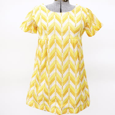 Vintage 60's Babydoll Dress - Yellow / Orange / White Zig-Zag Chevron Embroidery Layer - Small 