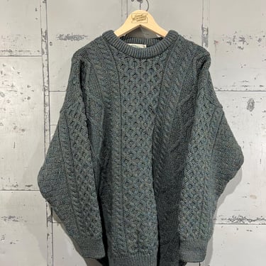 Vintage 1990s Irish Wool Green blue Chunky Fisherman’s Sweater Aran Crafts Men’s XL 