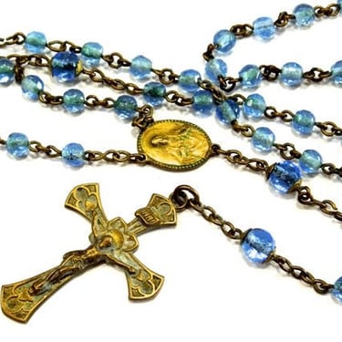 VINTAGE: Brass and Blue Glass Rosary - Religious Necklace - SKU 12-D5-00005859 