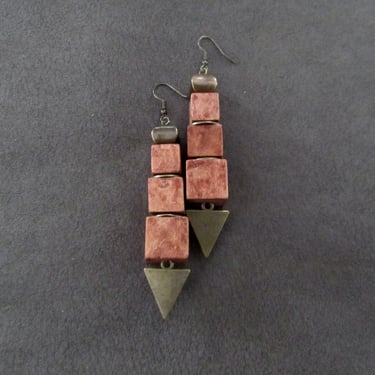 Stained wooden geometric mid century modern earrings 