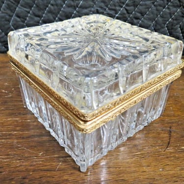 Vintage Crystal Gold Hinged Jewelry Box Vanity Trinket Box French Cut Style 