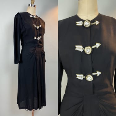 Vintage 1940s Pierced Heart Arrow Deco Novelty Black Rayon Swag Dress 