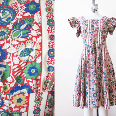 Vintage 60s Cotton Sundress S - 1960s Red Blue Floral Cottagecore Romantic Dress -  Ruffle Sleeve - Twee Feminine 