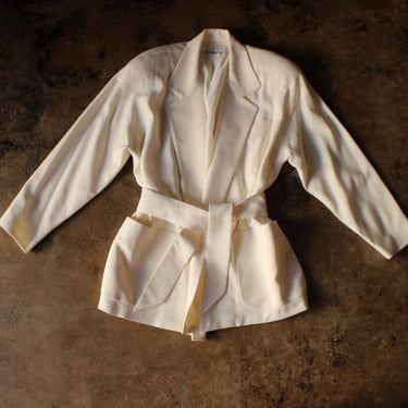 90's Belted Blazer / Vintage Off White Jacket / Women's Medium Blazer 