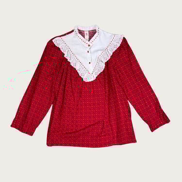 (S/M) 60s/70s Red Paisley Print Ruffle Collar Blouse