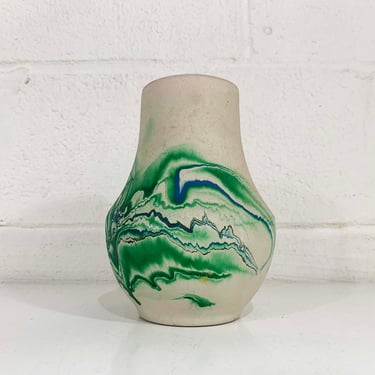 Vintage Nemadji Art Pottery Small Vase Swirl Handmade USA Large Flower Bud Green Blue Swirl Vanity Seven Falls Colorado MCM 1970s 