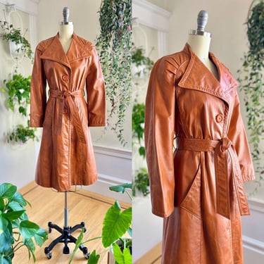 Vintage 1970s Trench Coat | 70s Caramel Leather Belted Princess Fit Flare Boho Overcoat | x-small/small 