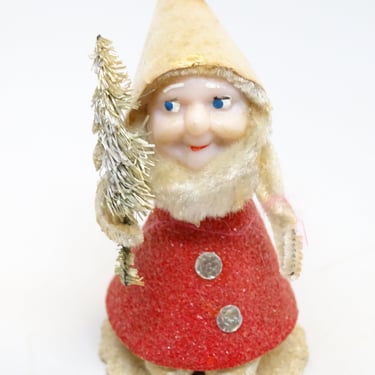 Vintage 1950's Christmas Santa with Faux Feather Tree, Antique Holiday Decor, Retro MCM 