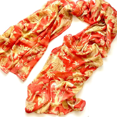 Vintage Silk Asian Scarf Chinese Baroque XL Light Airy Red Gold Scarf 