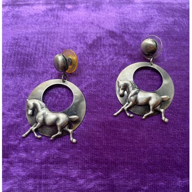 vintage 1980s horse earrings 80s western jewelry equestrian silver hoops pierced 