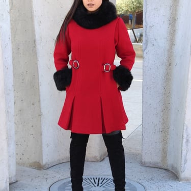 Vintage 1960s Red Penny Lane Coat, Small Women, Black Fur trim, above the knee, fit and flare 
