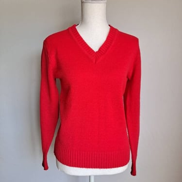Vintage 1970's Empire Knitwear Bright Red Pullover V-neck Sweater S/M 