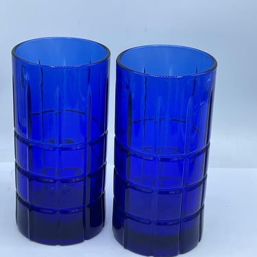 set of two Anchor Hocking "Tartan" Cobalt Blue Glass drinking glass-16 Ounce Tumbler 