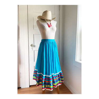 1960s / 1970s Blue Rainbow Rodeo Queen Circle Skirt- adjustable size XS-Med 