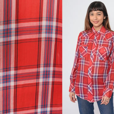 Red Plaid Western Shirt 70s Pearl Snap Shirt Thin Button up Top Long Sleeve Cowboy Rodeo Retro 1970s Vintage Chest Pocket Small Medium 