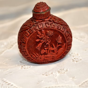 Signed Antique Chinese Snuff Bottle Cinnabar Red Lacquer DEEP Carving Collectible Vintage One-of-a-Kind Rare Collector Gift 