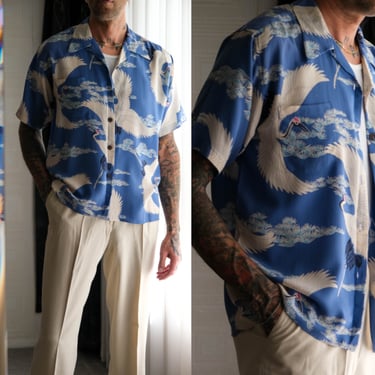 Vintage 50s Style AVANTI Hawaiian Sky Blue Silk Asian Crane Print Shirt | 100% Silk | Y2K AVANTI Designer Retro Loop Collar Mens Silk Shirt 