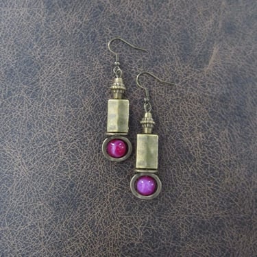 Industrial earrings, pink agate and hammered bronze earrings 