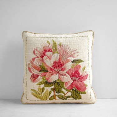 Vintage Needlepoint Floral Throw Pillow in Pink, White, and Green 