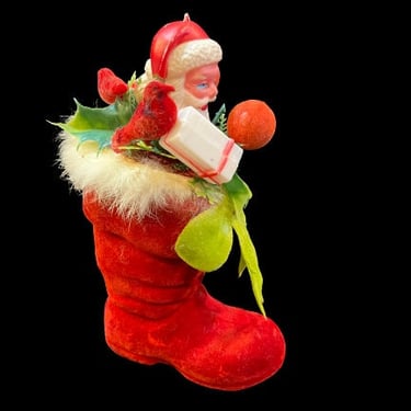 vintage flocked Santa Claus in a boot 1960s Christmas figure diorama craft centerpiece 