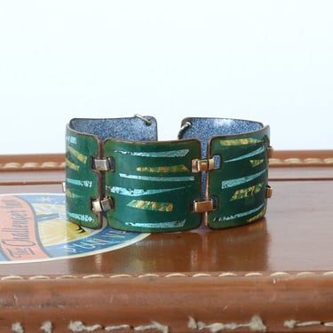 vintage 1950s modernist green enamel bracelet • atomic MCM copper squares link bracelet 