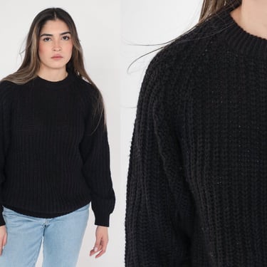 Black Sweater 80s 90s Plain Knit Pullover Sweater Slouchy Crewneck Jumper Basic Raglan Sleeve Knitwear Solid Vintage 1990s Acrylic Small S 
