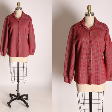 1970s Red and White Rectangle Brick Shape Long Sleeve Button Up Blouse by Machine Washable Sportswear -L 