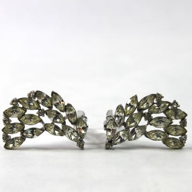 Henry Bogoff Fan Climber Clear Rhinestone Clip On Earrings Rhodium Plate 