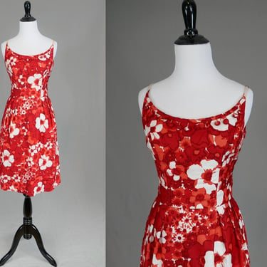 Early 60s Jonny Herbert Dress - Red and White Floral Print - Dangly Disks - Vintage 1960s - XS S 