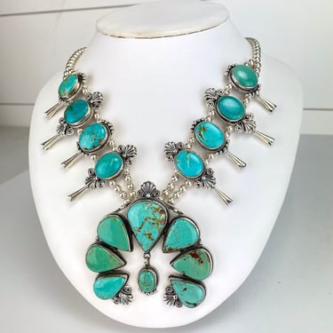 Artisan Stunning Turquoise & Sterling Silver Squash Blossom Naja Necklace 22" Southwestern 