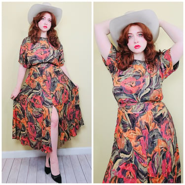 1990s Platinum by Dorothy Scholen Orange Floral Set / 90s Rayon Blouse and Front Slit Flounce Skirt / Small - Medium 