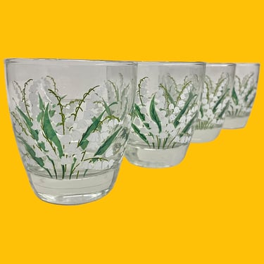 Vintage Libbey Drinking Glasses Retro 1970s Bohemian + Lily of the Valley + Clear Glass + White Flowers + Set of 4 + Kitchen + Water Tumbler 